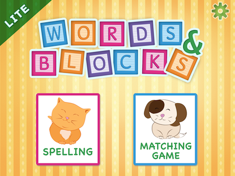 Words and Blocks home screen for choosing spelling or matching game