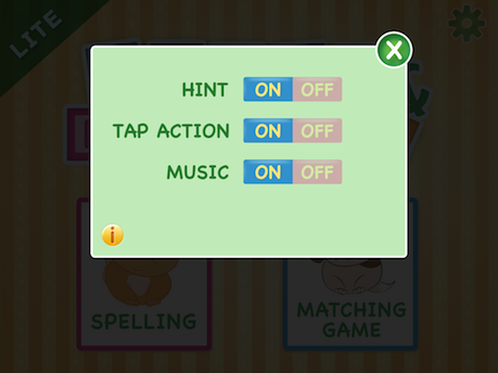 Words and Blocks menu screen for setting hint, music and tapping action