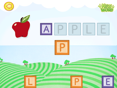 Words and Blocks Spelling game screenshot with letter blocks to spell the word